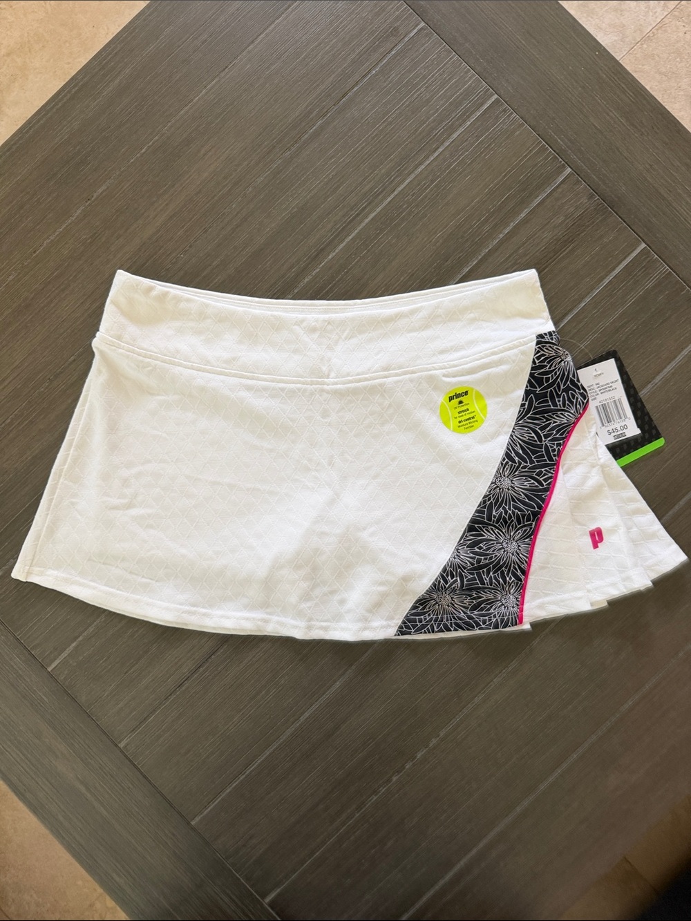 Prince White Women's Athletic Skort with Black Floral Panel and Pink Trim